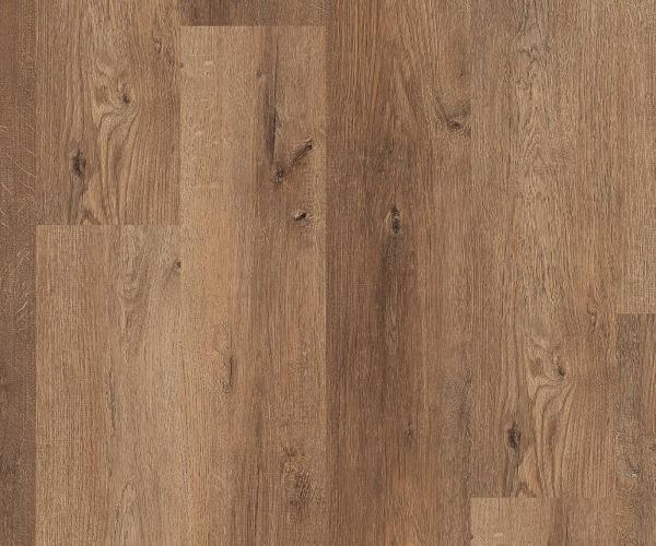 Wooden floor with brown planks showing natural grain and knots in warm tones.