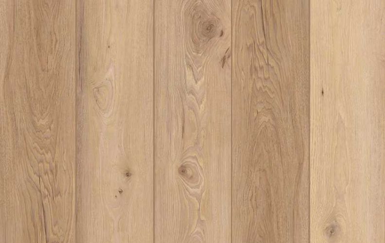 Close-up of light brown wooden floor planks withVisible grain patterns and knots