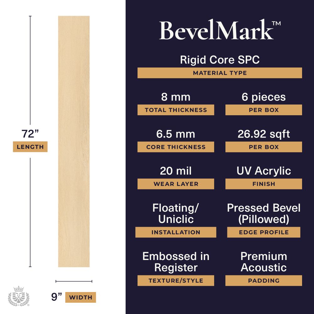 BevelMark rigid core SPC flooring spec sheet: 72-inch plank, 9-inch width, and key specs (8 mm total thickness, 6 pieces per box, 6.5 mm core, 26.92 sq ft per box, 20 mil wear layer, UV acrylic finish, Floating/Unilic installation, pressed bevel edge, embossed texture, premium acoustic padding).