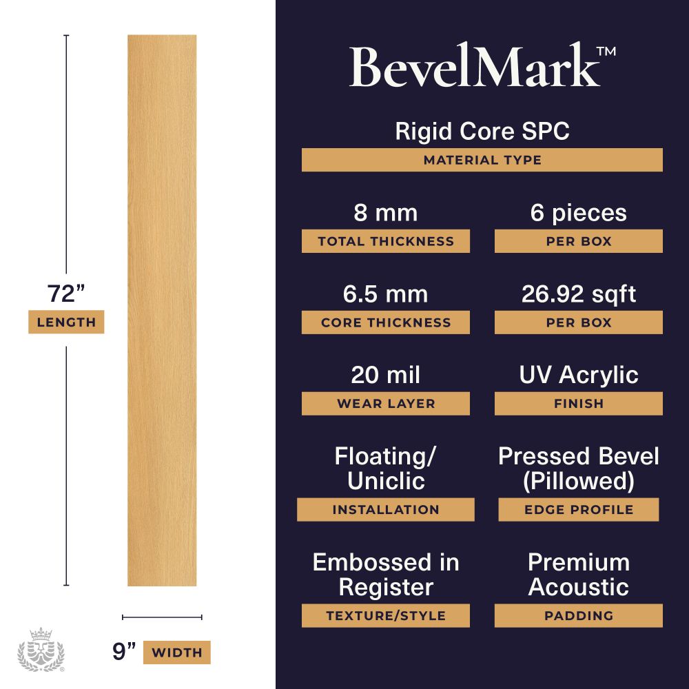 BevelMark SPC plank infographic showing a 72" long, 9" wide wood plank with product specs on a dark background (dimensions and features).