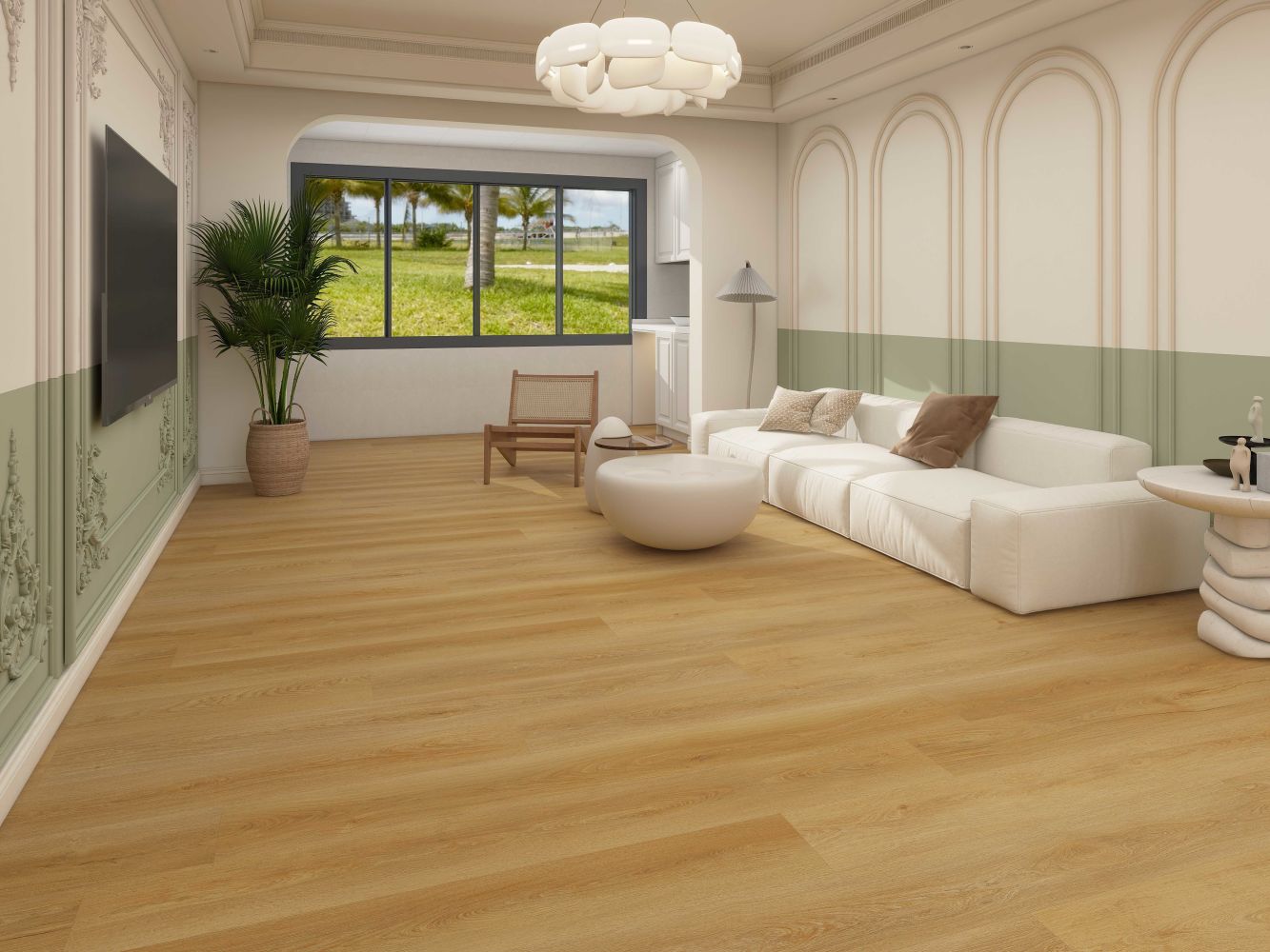 Bright living room with a white sectional sofa, round coffee table, and large window overlooking a lawn.