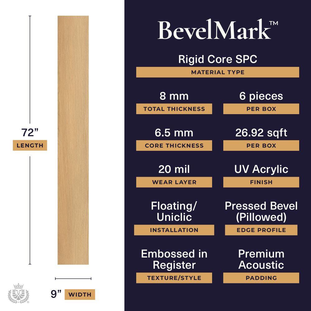 Infographic for BevelMark rigid core SPC flooring: 72-inch plank, 9-inch width, wood grain look, and specs (8 mm total thickness, 6.5 mm core, 20 mil wear layer, 26.92 sq ft per box, 6 pieces per box).