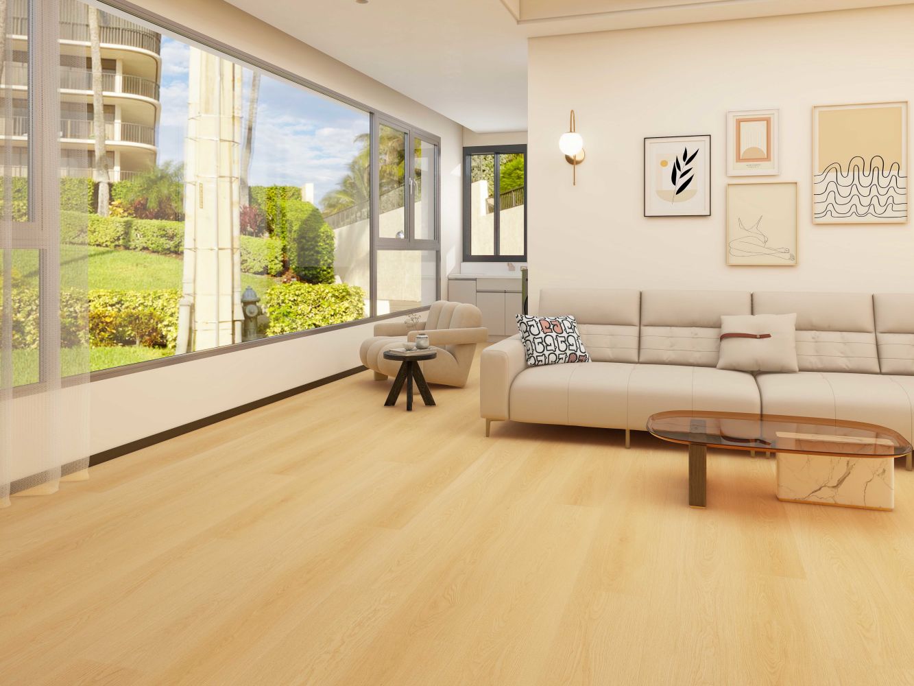 Bright, modern living room with a beige sectional sofa, round coffee table, and large windows showing a green garden outside.