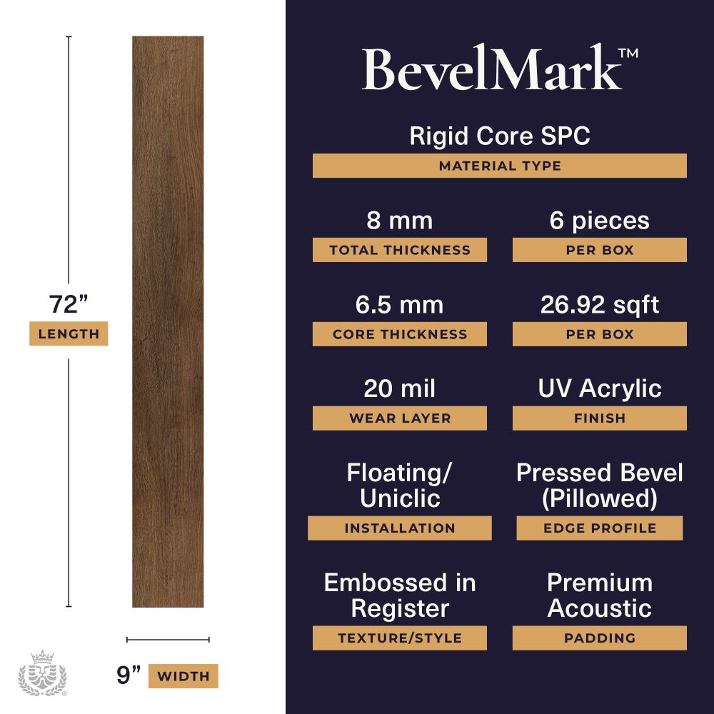 BevelMark rigid core SPC flooring spec sheet: 72" long, 9" wide planks; 8 mm total thickness; 6 pieces per box; 26.92 sq ft per box; 20 mil wear layer; UV acrylic finish; floating/uniclic installation; embossed texture; pressed bevel edge with premium acoustic padding.