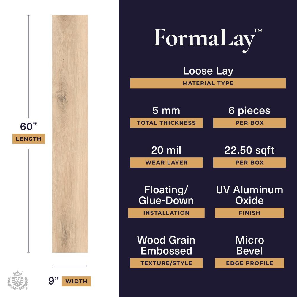 Formalay Loose Lay flooring spec sheet: left shows a vertical 60-inch, 9-inch plank; right lists material type, 5 mm thickness, 6 pieces per box, 20 mil wear layer, 22.50 sq ft per box, floating/glue-down installation, UV aluminum oxide finish, wood grain embossed texture, microbevel edge.