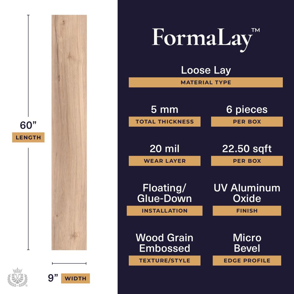 FormaLay Loose Lay flooring spec sheet: vertical wood plank on left shows 60" length and 9" width; navy panel lists 5 mm total thickness, 6 pieces per box, 20 mil wear layer, 22.50 sq ft per box, installation options Floating/Glue-Down, finish UV Aluminum Oxide, texture Wood Grain Embossed, edge Micro Bevel.