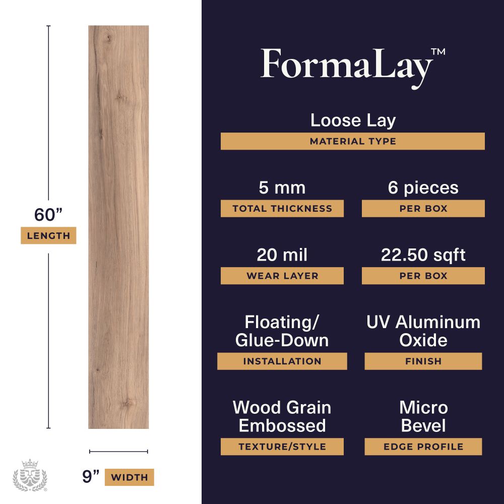 Poster-like layout: left shows a 60-inch long wooden plank (9" wide); right lists product specs for Formalay Loose Lay: 5 mm thickness, 6 pieces per box, 20 mil wear layer, 22.5 sqft per box, floating/glue-down installation, UV aluminum oxide finish, wood grain embossed texture, micro bevel edge.