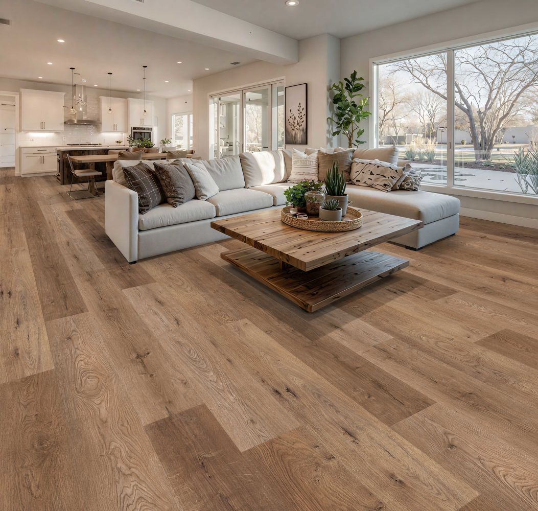 Open-concept living room with a light gray sectional, wooden coffee table, and large windows overlooking a yard; white kitchen in back.