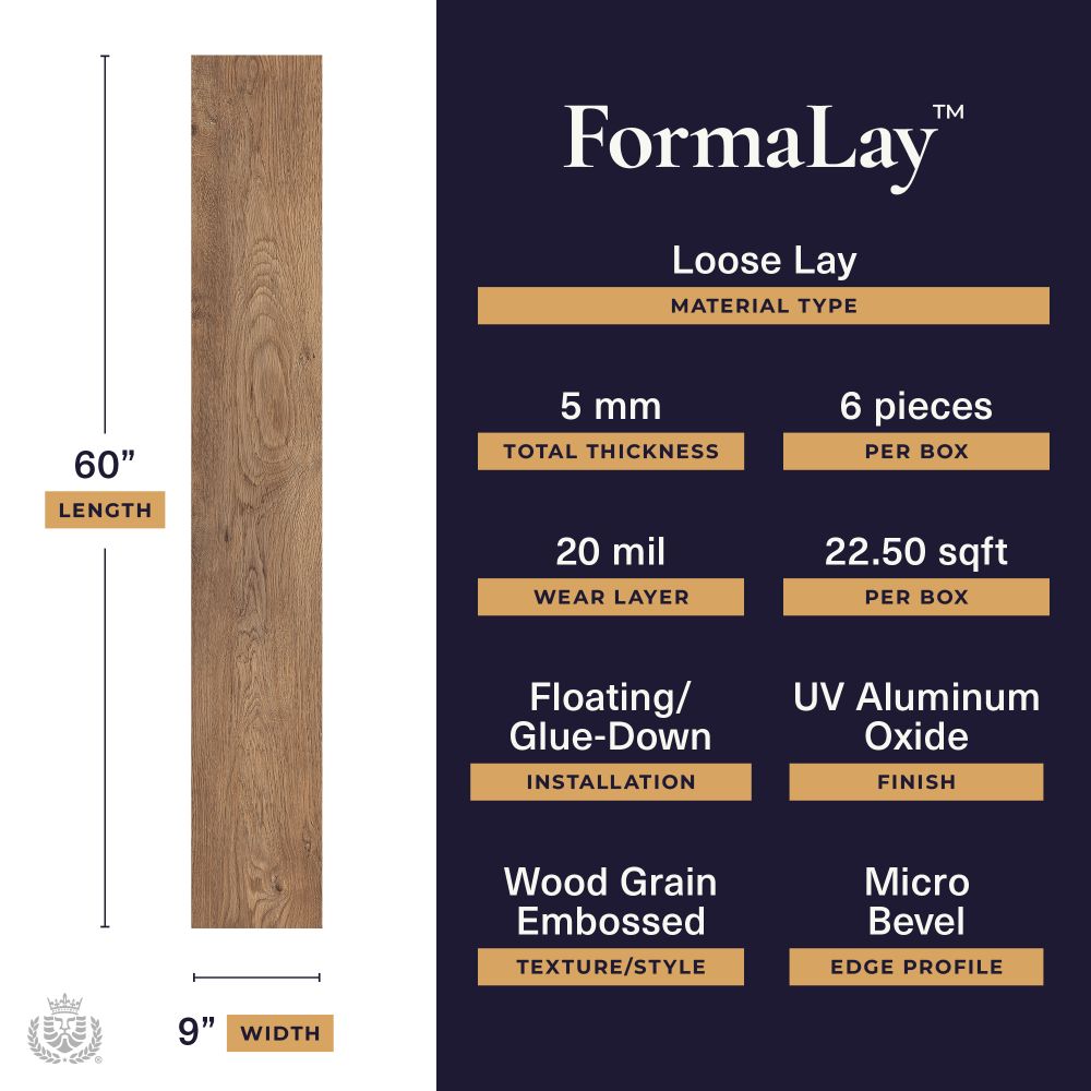 Product spec infographic for FormalLay Loose Lay flooring: left shows a wood plank sample (60" long, 9" wide); right lists thickness 5 mm, 6 pieces per box, 20 mil wear layer, 22.50 sqft per box, installation (floating/glue-down), UV aluminum oxide finish, wood grain embossed texture, and micro bevel edge profile.