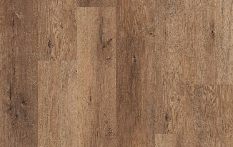 Wooden floor with brown planks showing natural grain and knots of varying tones.