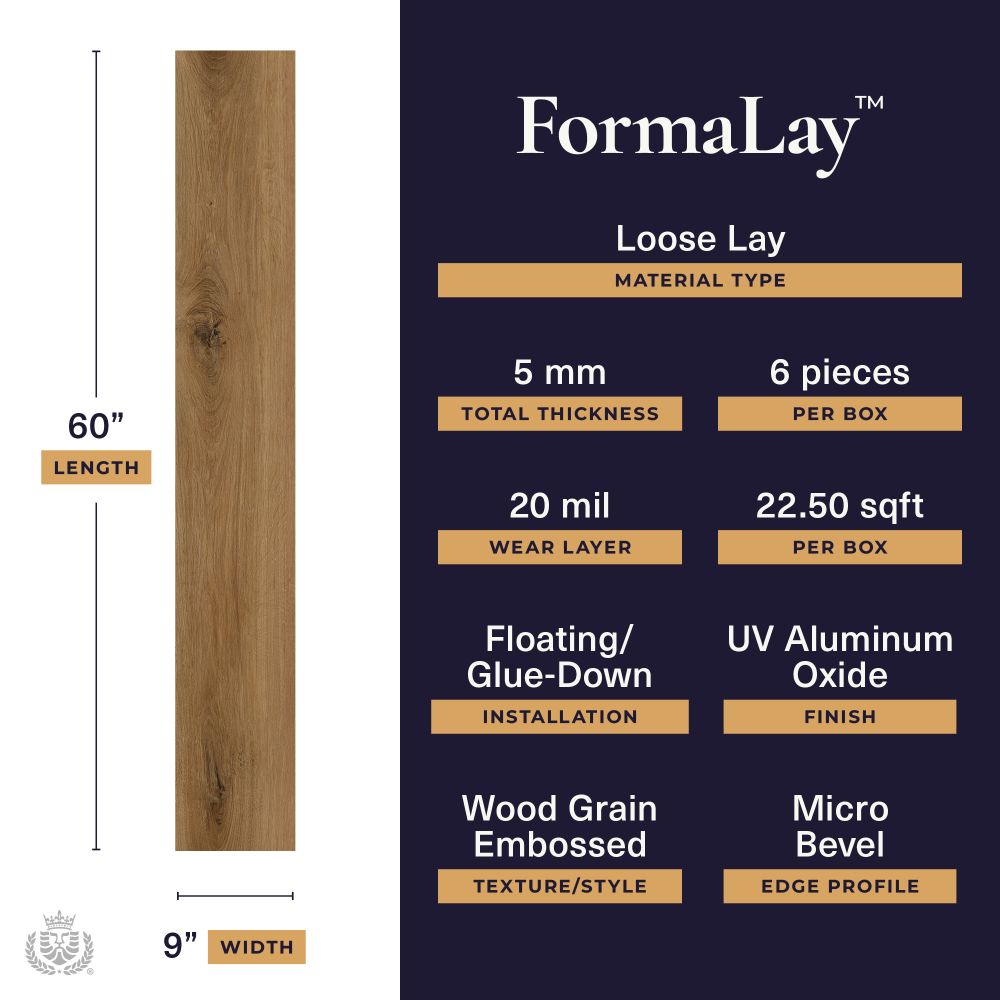 FormaLay Loose Lay flooring specs: left shows a 60-inch plank (9-inch width); right lists 5 mm thickness, 6 pieces per box, 20 mil wear layer, 22.5 sq ft per box, floating or glue-down installation, UV aluminum oxide finish, wood grain embossed texture, micro bevel edge.