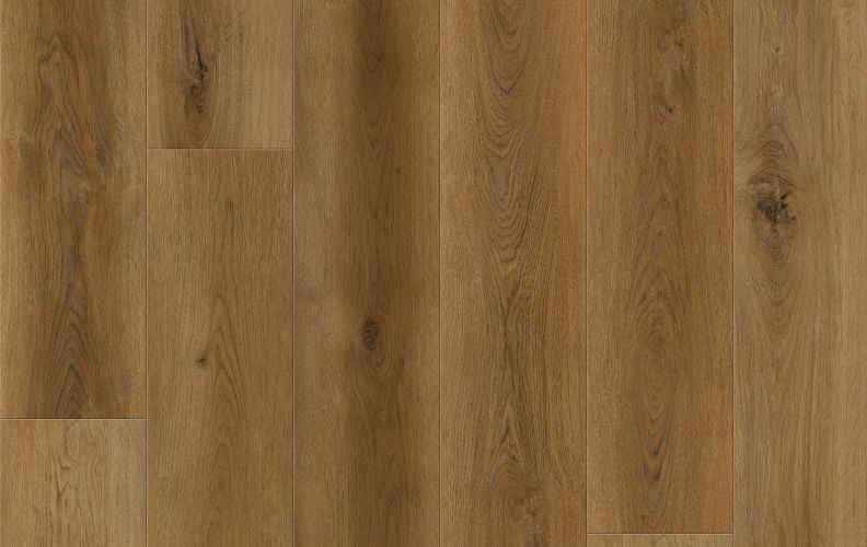 Warm brown wood plank flooring with visible grain patterns and staggered plank seams