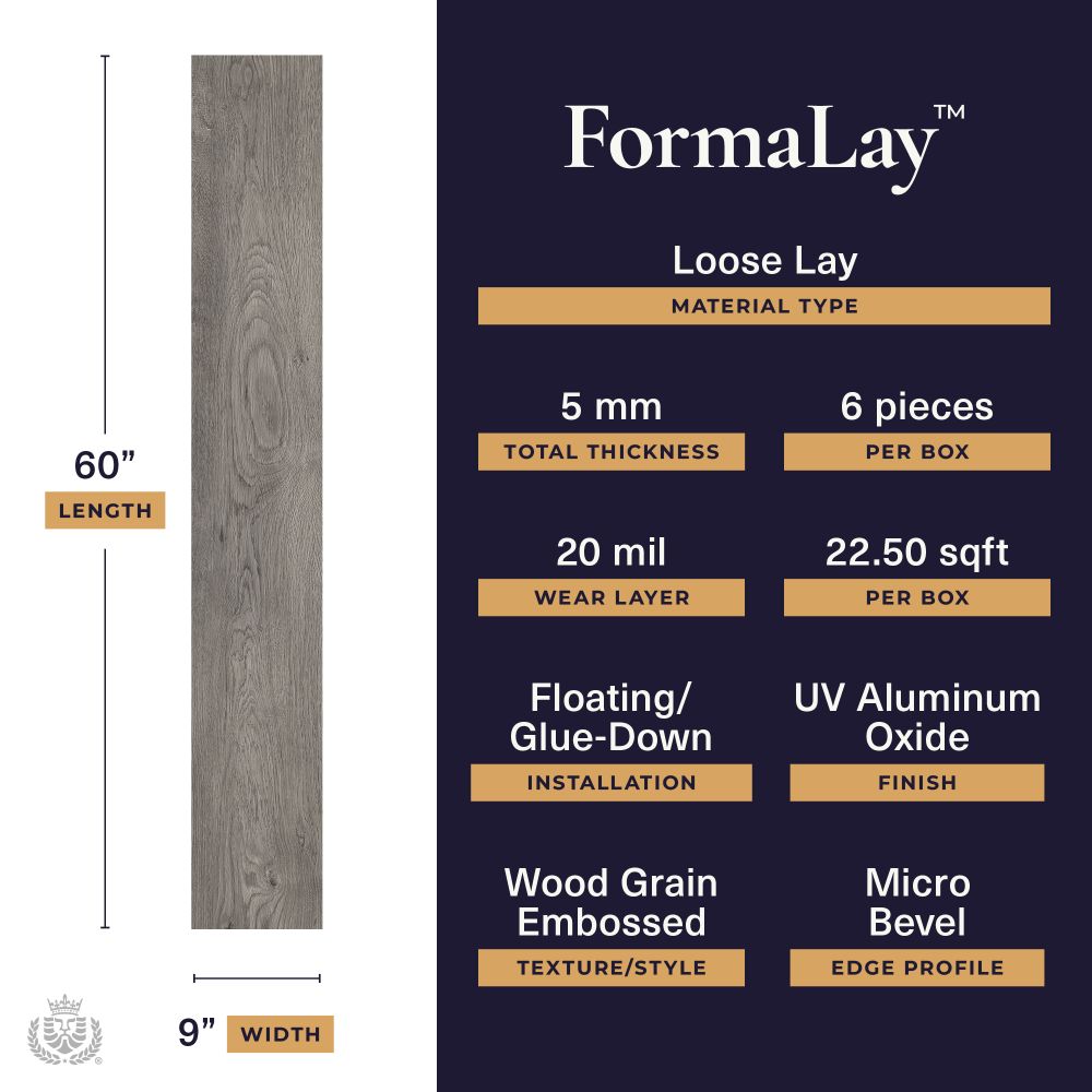 Informational infographic for FormalLay Loose Lay flooring: left shows a vertical wood plank sample (60" long, 9" wide) beside a ruler; right panel on navy background lists specs—5 mm thickness, 6 pieces per box, 20 mil wear layer, 22.50 sq ft per box, floating/glue-down installation, UV aluminum oxide finish, wood grain embossed texture/style, micro bevel edge profile.