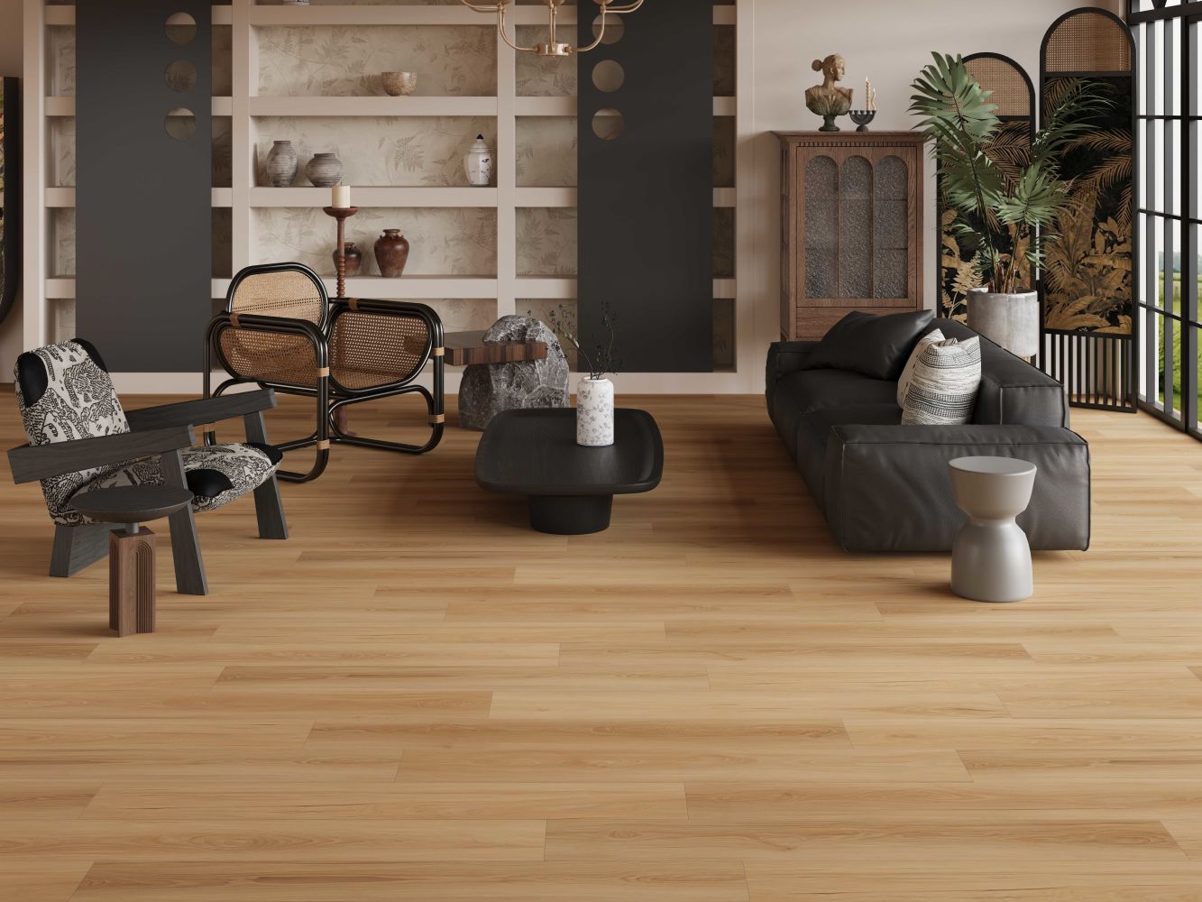 Contemporary living room with light wood flooring, black sofa, patterned armchairs, and a low black coffee table by large windows.