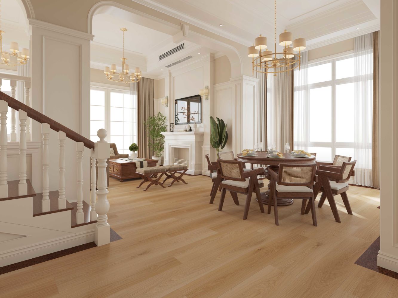 Elegant open-plan living and dining room with a circular table, nine chairs, chandeliers, and large windows letting in natural light.