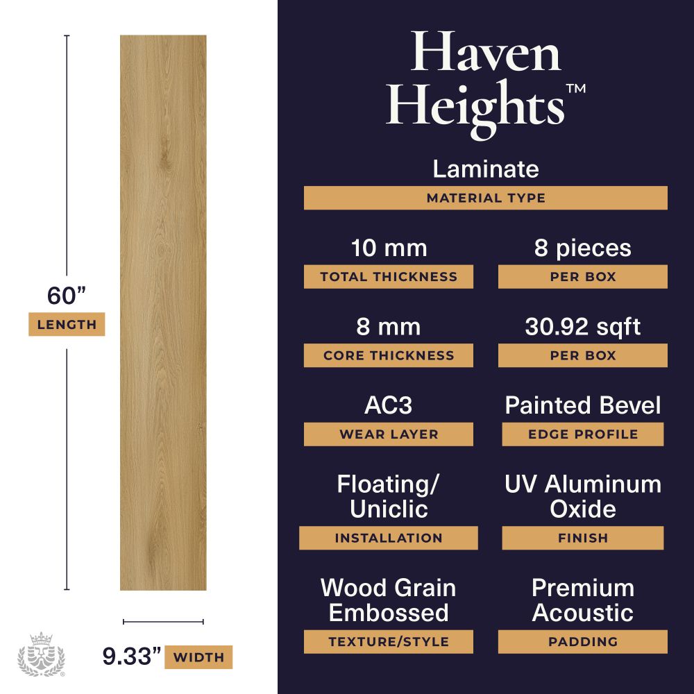 Haven Heights laminate plank with specs: 60 inch length, 9.33 inch width, wood grain finish and installation details on the right panel.