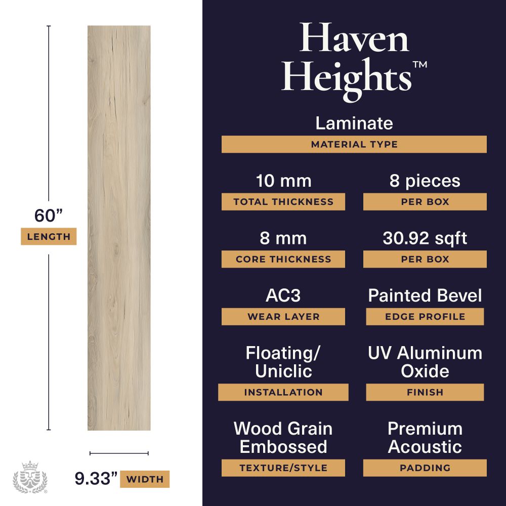 Haven Heights Laminate product sheet showing a wooden plank (60" long, 9.33" wide) beside a dark panel with material specs and finish options.