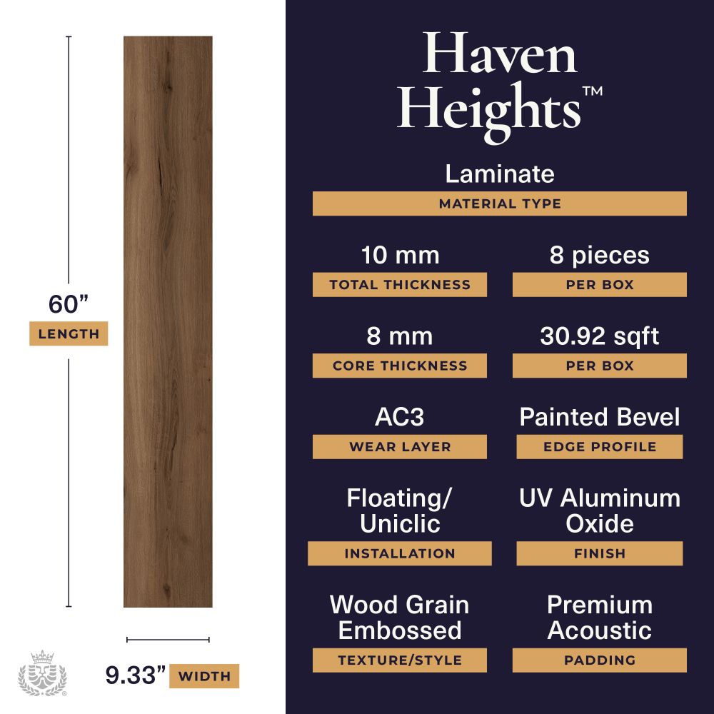 Product card for Haven Heights laminate flooring: long wood plank sample beside a dark panel listing dimensions, layers, and installation details (60" length, 9.33" width, 8 pieces per box, 10 mm total thickness, 8 mm wear layer, UV oxide finish, wood grain embossing).