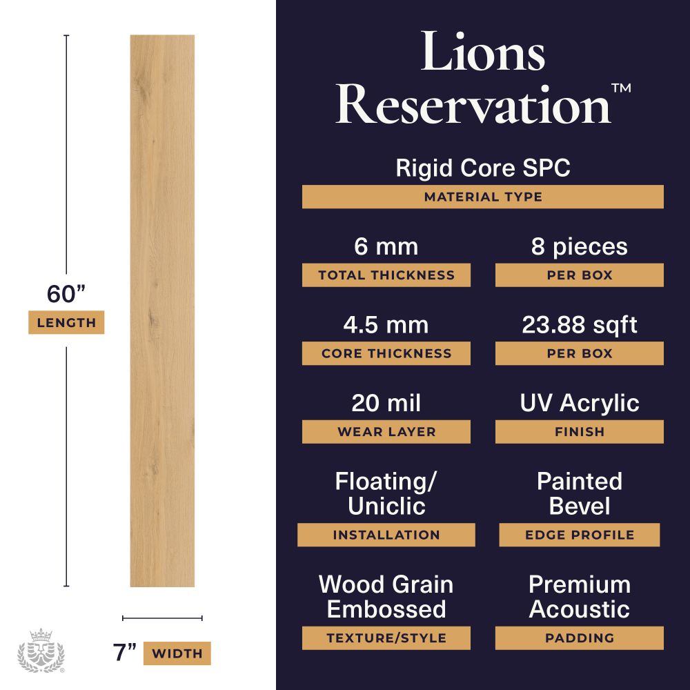 Lions Reservation flooring specs: 60" long plank, 7" wide, 6 mm total thickness, 8 per box, UV acrylic finish, floating/Uniclic installation, wood grain embossing, premium acoustic padding.