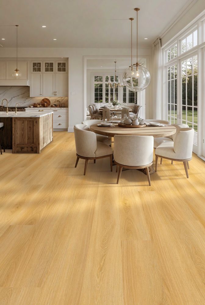 Open kitchen and dining area with light wood floors, a round dining table and cream chairs, white cabinets, and large glass doors.