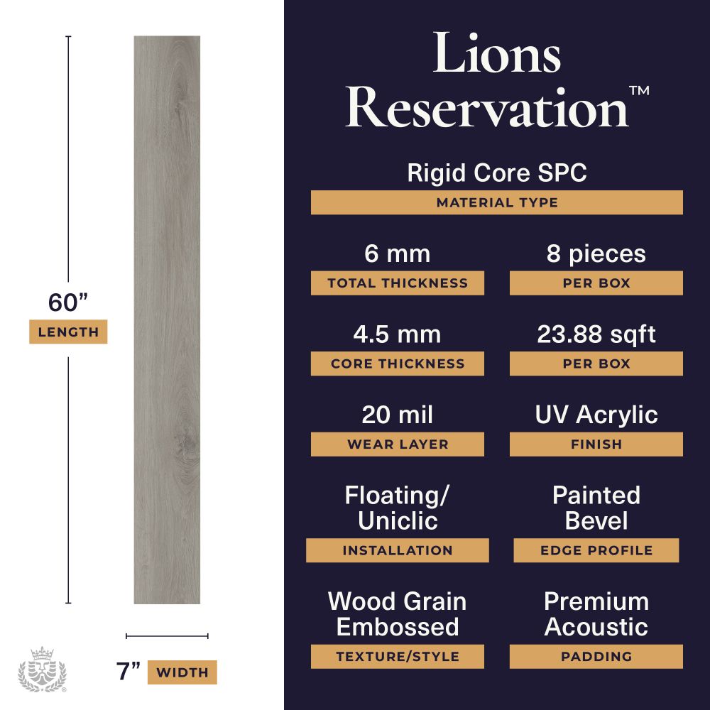 Flooring specification infographic for Lions Reservation: rigid core SPC plank, 60" long and 7" wide with multiple tech details listed on the right panel.