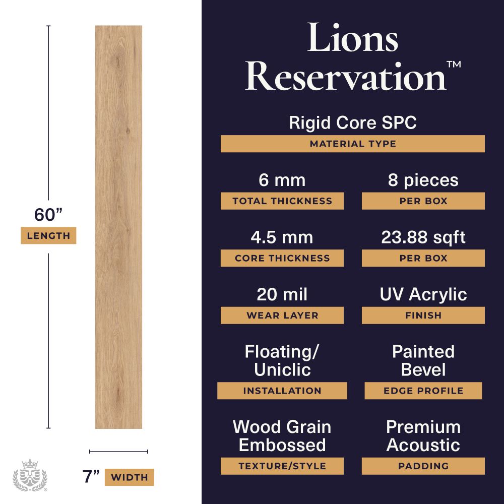 Lions Reservation SPC flooring spec poster: a 60-inch long, 7-inch wide plank on the left and a list of specs on the right (6 mm total thickness, 4.5 mm core, 20 mil wear layer, 8 pieces per box, UV acrylic finish, floating/uniclic installation, beveled edge, wood grain embossing, premium acoustic padding).