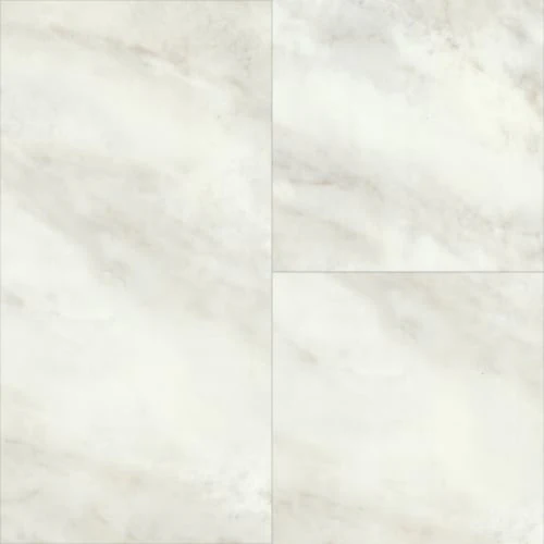 White marble floor tiles with subtle gray veining, arranged in a two-by-two layout.