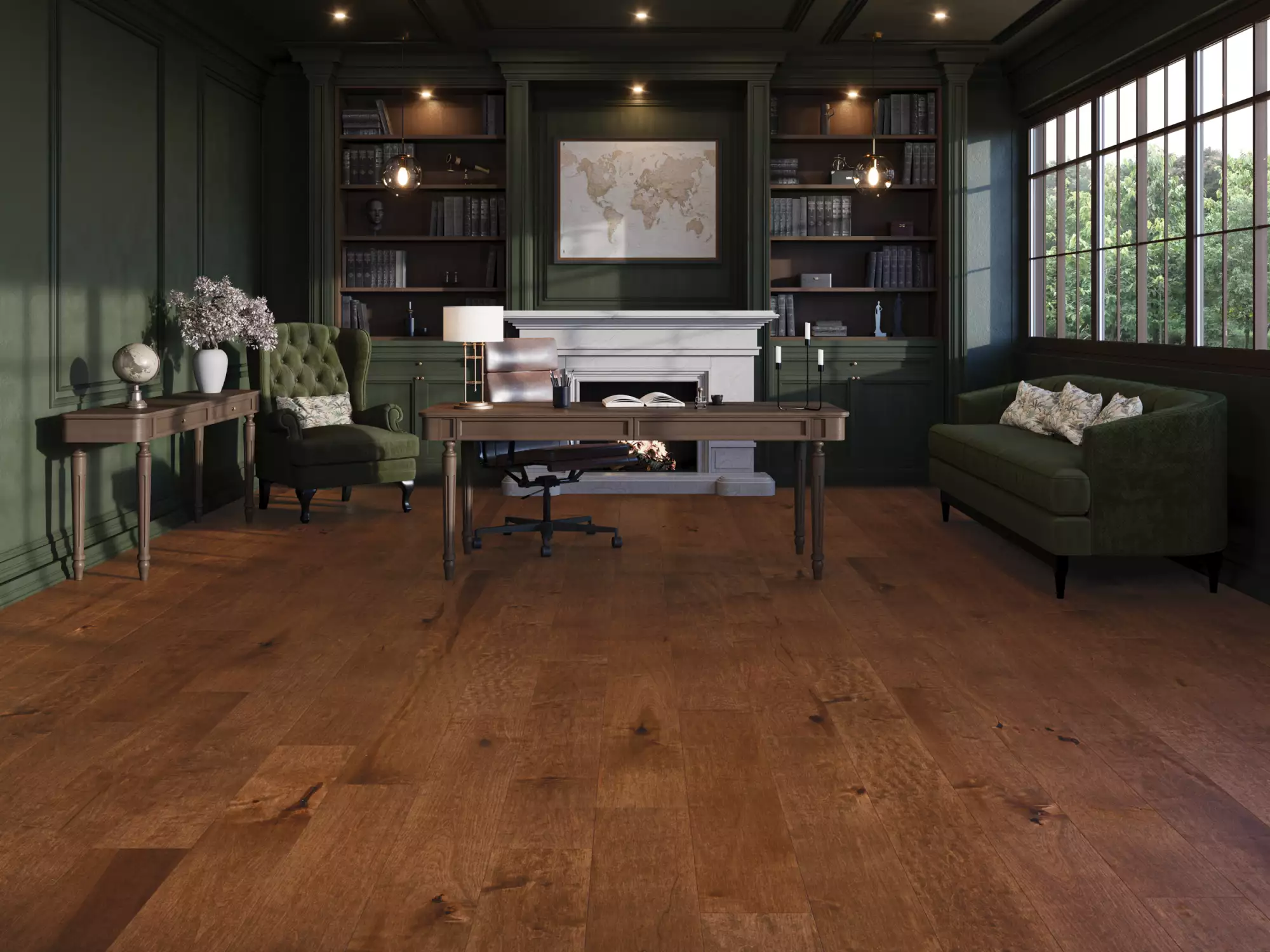 Elegant dark-green home office with a wood desk, shelves, map on the wall, and a view of trees through large windows.