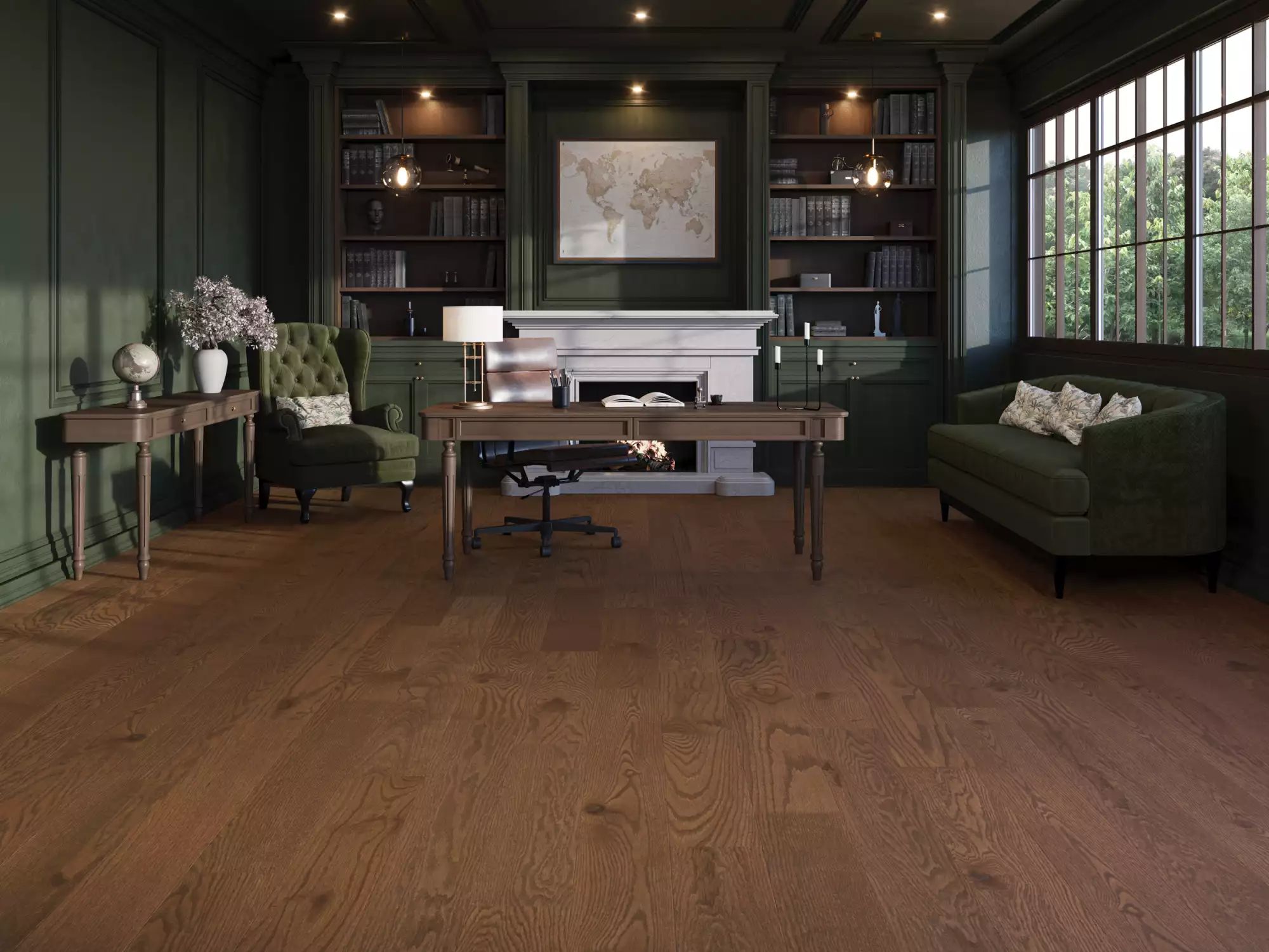 Elegant dark-green home library with built-in shelves, map artwork, and a white fireplace behind a wooden desk.