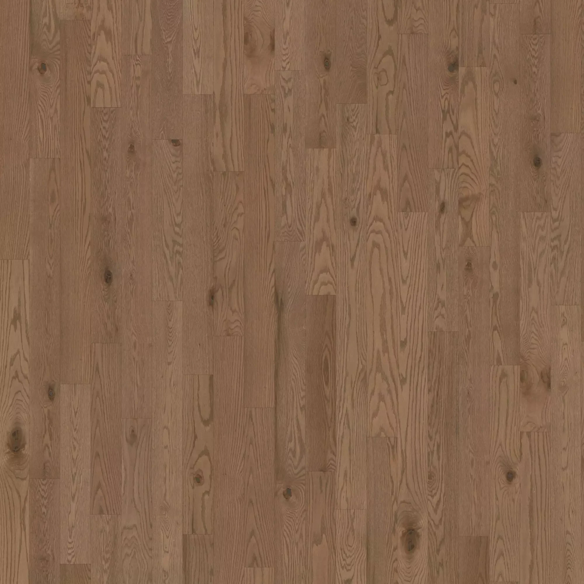 Hardwood floor with horizontal brown planks showing natural wood grain and knots, warm tone.