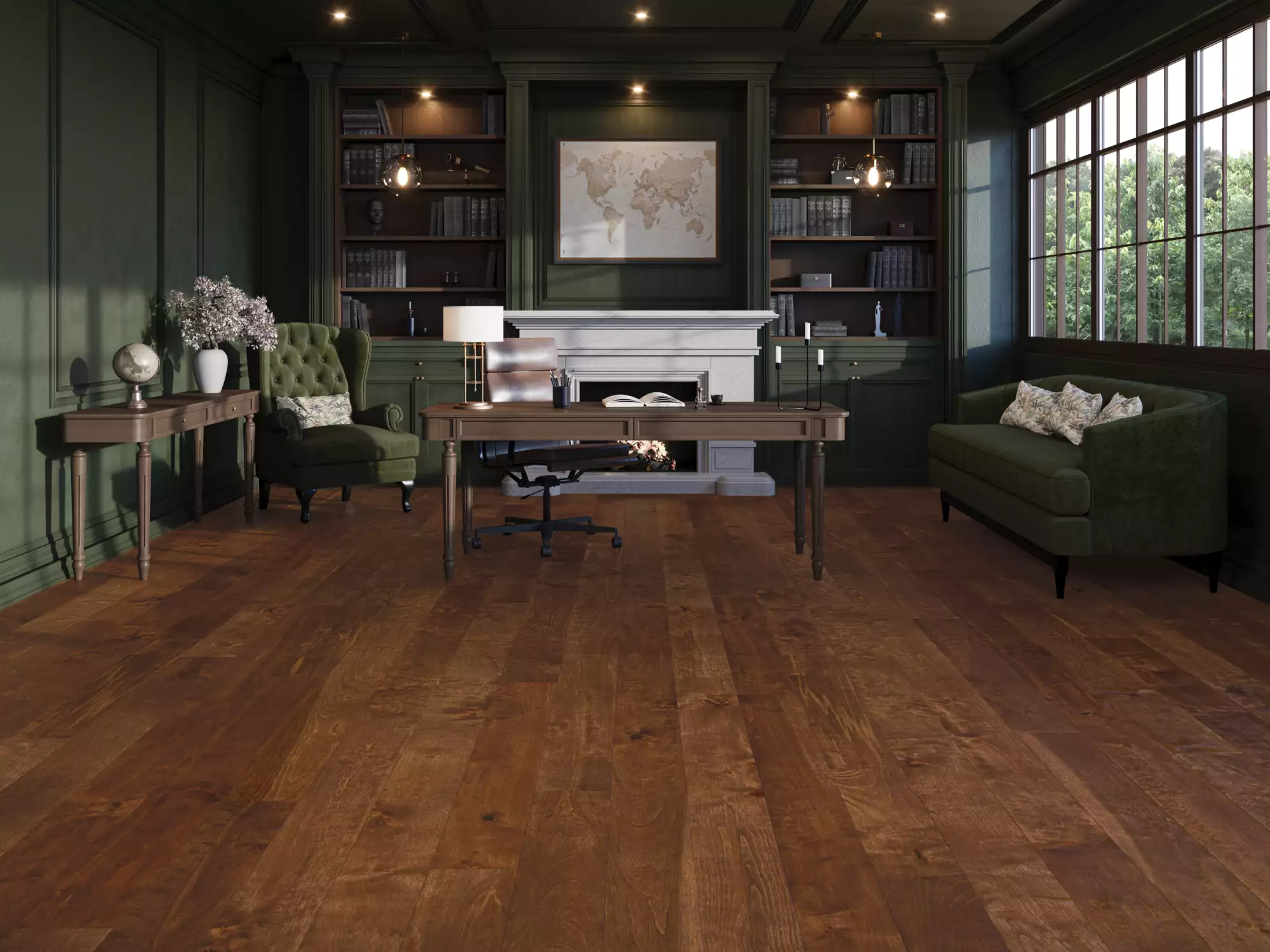 Green-paneled home office with built-in bookshelves, a white mantle, and a large wooden desk facing a green tufted chair and sofa near tall windows.